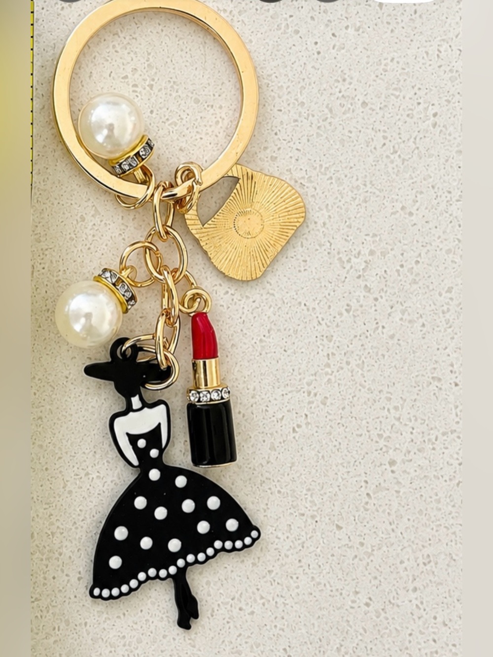 Gold Polka Dot Ballerina Keychain with Red Lipstick Charm